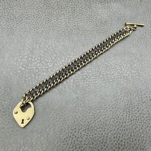 Fossil Heart Padlock Bracelet Leather Woven Chain Toggle Gold Tone Charm Women's